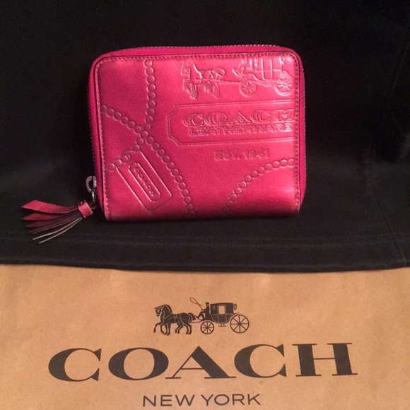 Coach Handbags - Coach Metallic raspberry Embossed chain zip wallet